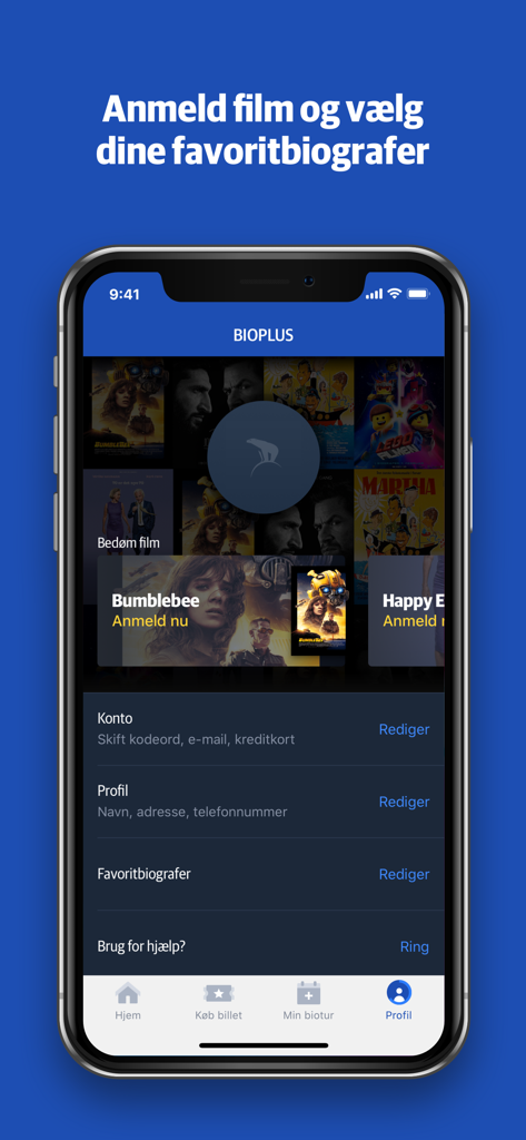 Nordisk Film Biografer app user profile page showing movie rating options and BIOPLUS membership settings.