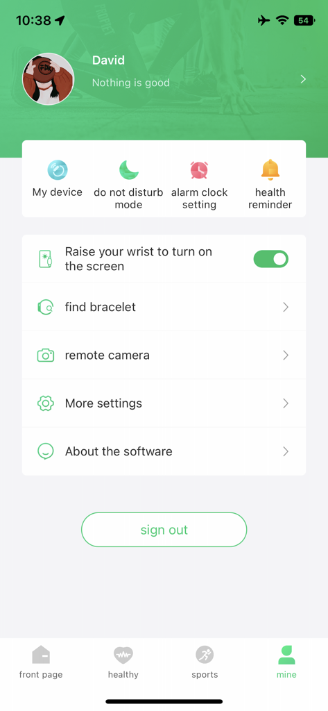 Fere fit - Fere fit app user profile and device settings screen with health reminders and remote camera options