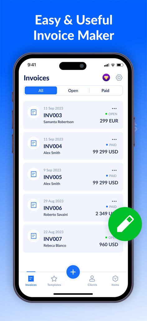 Invoice Maker - Generator App - Painel do aplicativo Criador de Faturas mostrando uma lista de faturas abertas e pagas em um smartphone.