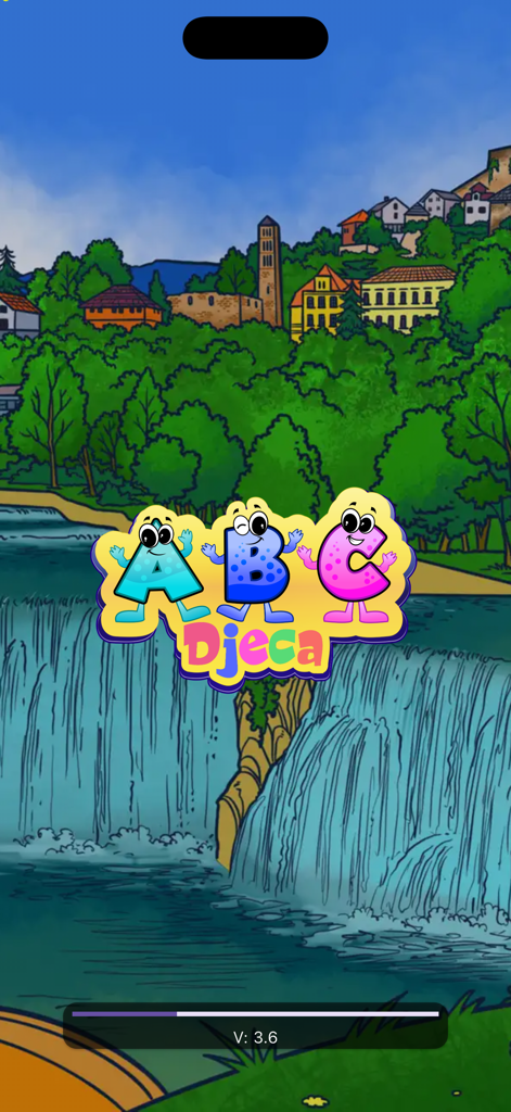 ABC Djeca app splash screen featuring a cartoon logo over a scenic Bosnian landscape with a waterfall