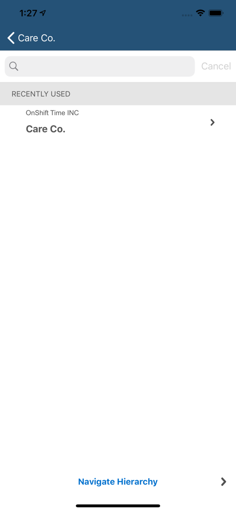 OnShift Time - OnShift Time mobile app interface for searching and selecting a facility or company like Care Co.