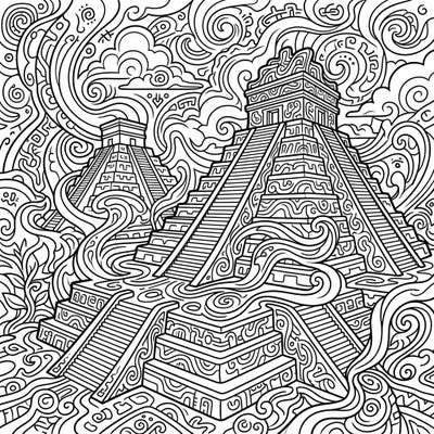 Immerse yourself in a captivating world where ancient Mayan pyramids meet dazzling psychedelic art. This intricate coloring page invites you to explore a mesmerizing landscape of swirling patterns and historic grandeur.
