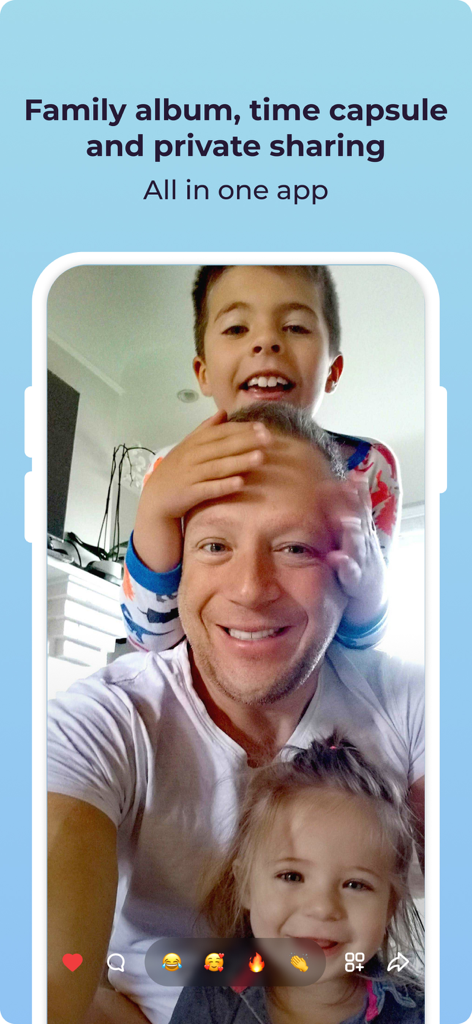 Firsties: Family Photo Sharing - A father and his two children smiling in the Firsties private family photo sharing and time capsule app interface