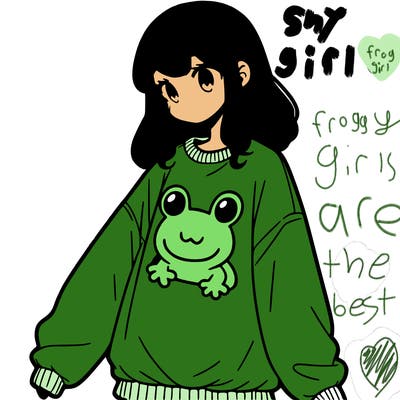 girl wearing frogging sweatshirt