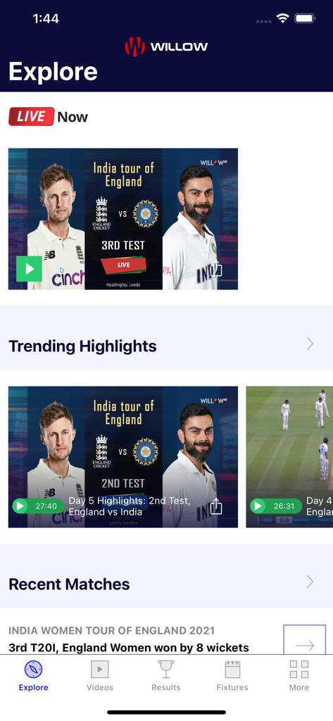 The explore screen of the Willow app displaying live cricket matches and trending highlights.