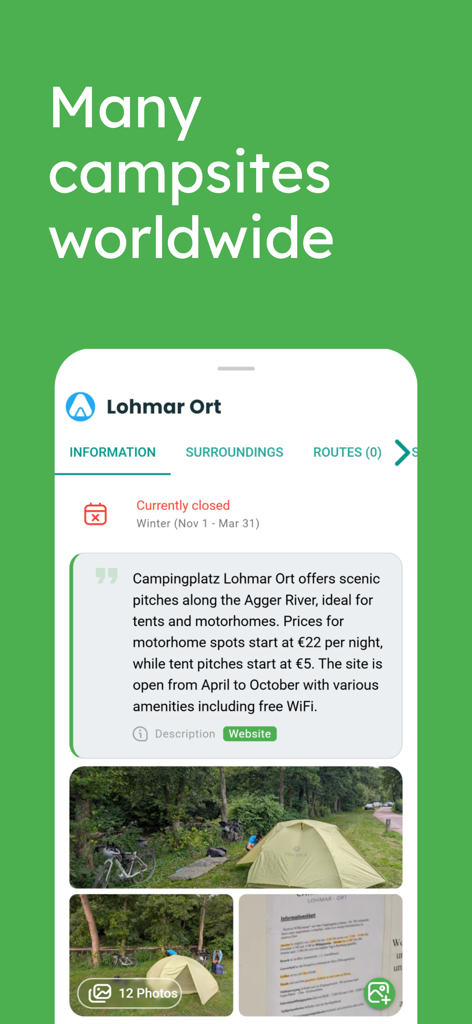 TrekSpots app screen showing details for a campsite with photos of a tent and bicycle
