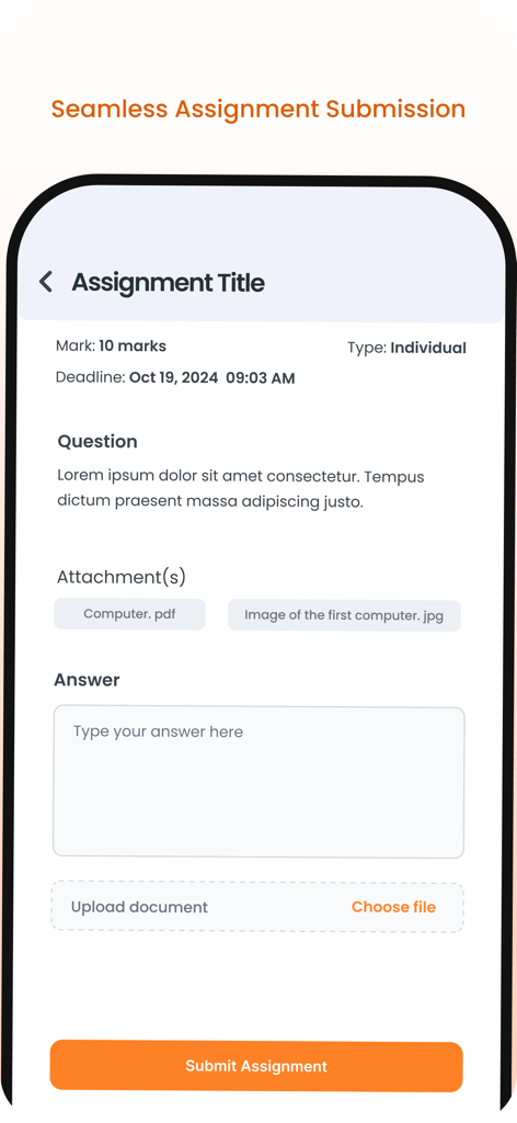 Ediify LMS - Ediify LMSモバイルアプリのインターフェースで、学生の課題提出とファイルアップロードをシームレスに行える