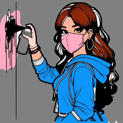 realistic girl with mask spray painting a wall