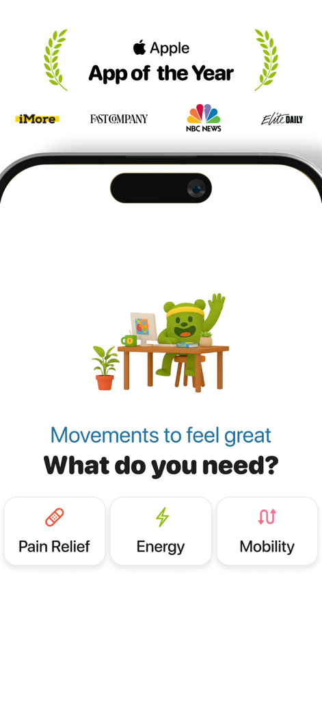 Wakeout app interface displaying movement categories for pain relief energy and mobility