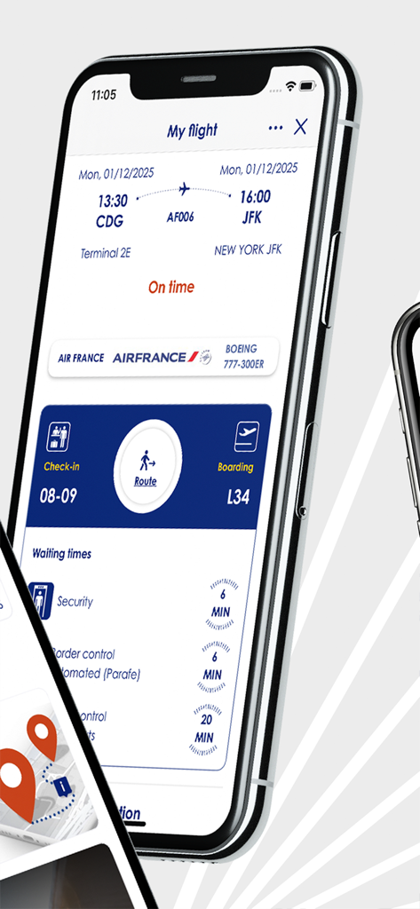 Paris Aéroport – Official - Tela do aplicativo oficial do Aeroporto de Paris mostrando o status do voo em tempo real e os tempos de espera na segurança