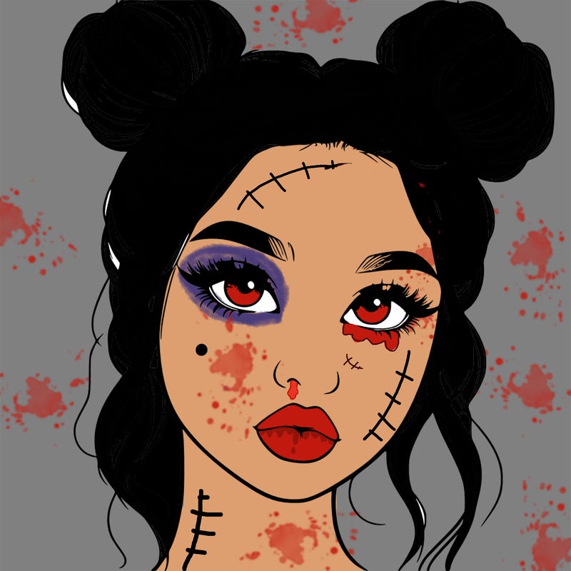 realistic girl with two buns on her hair and lips