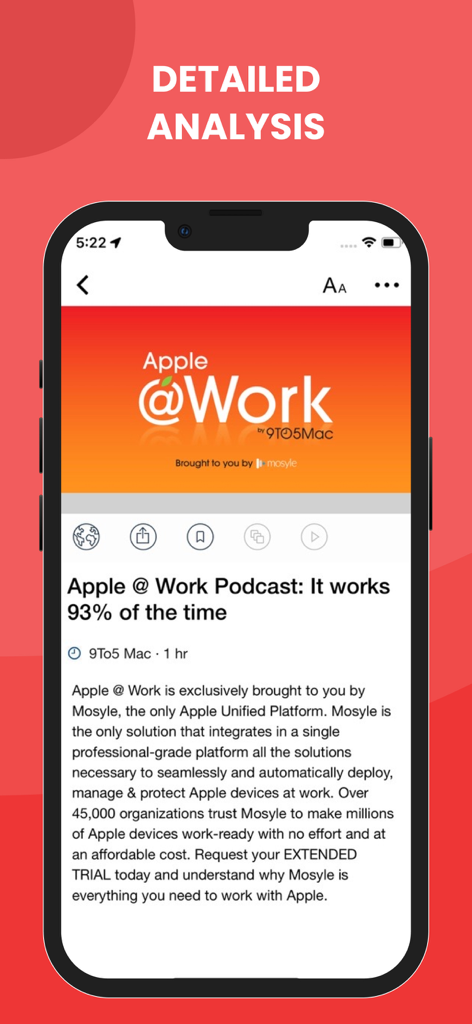 A smartphone screen showing a detailed analysis article about Apple at Work within the iNews from Cupertino app interface.