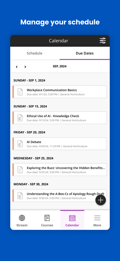 Blackboard - Schermata mobile dell'app Blackboard che mostra una vista calendario con un elenco delle imminenti date di scadenza dei compiti per diversi corsi.