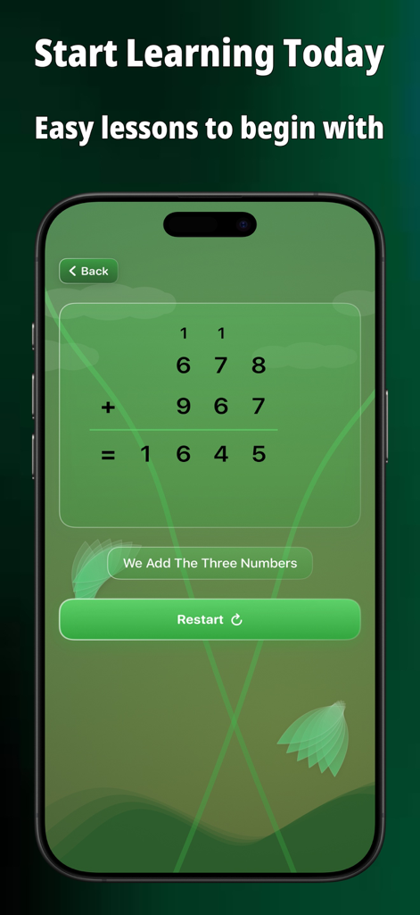 Learn Addition: Math Kids - Captura de pantalla de la aplicación Learn Addition Math Kids que muestra la suma vertical con reagrupación y acarreo de números