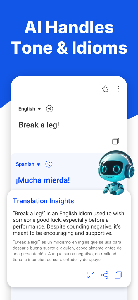 Screenshot der KI-Übersetzer-App, der Übersetzungshinweise für Redewendungen und Tonfall zeigt
