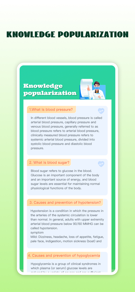 Blood Pressure Health Monitor - Mobile app screen showing educational articles on blood pressure and blood sugar levels.
