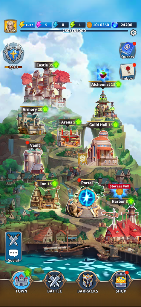 Friends & Dragons - Puzzle RPG - High fantasy town overview in Friends and Dragons showing various upgradeable buildings like the castle and armory on a coastal hillside