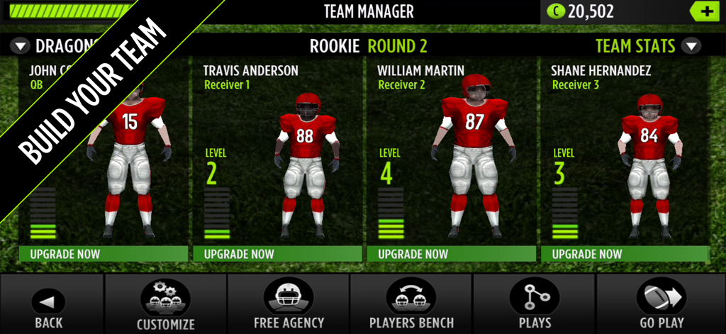 Team manager interface for building and upgrading a football roster in Mike Vick GameTime Football