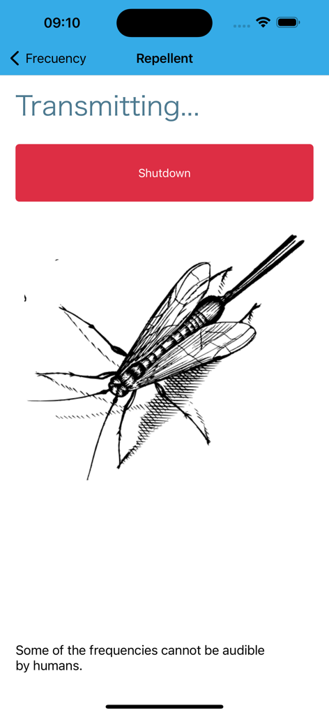 Mosquito & Bug Repellent Sound - iPhone screen showing the Mosquito and Bug Repellent Sound app transmitting ultrasonic waves to deter insects