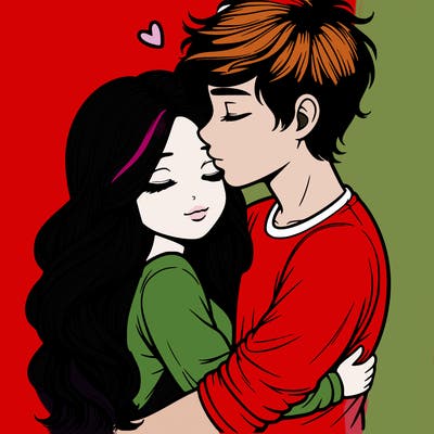 a realistic couple boy and girl hugging and kissing