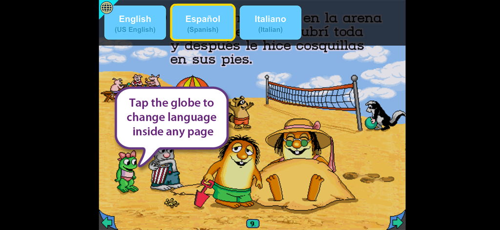 Just Grandma & Me - Original - A beach scene in the Just Grandma and Me app showing language selection buttons for English, Spanish, and Italian.
