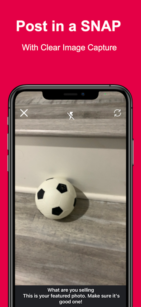 Buy Sell Now - Sell it, Letgo - 地域で販売するためにサッカーボールの写真を撮って出品しているBuy Sell Nowアプリのカメラインターフェースを示すスマートフォン画面。