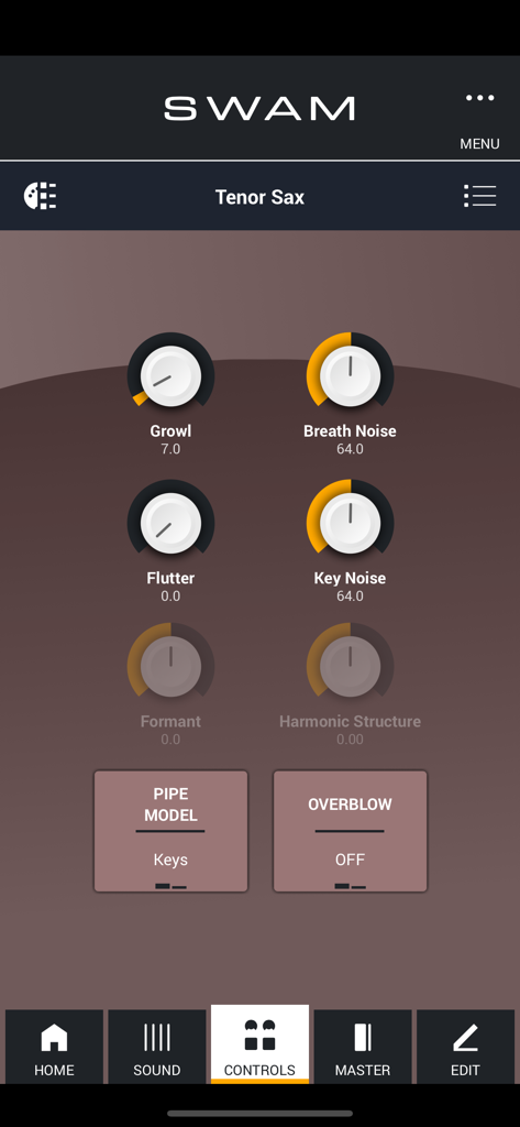 A mobile interface showing various control knobs for SWAM Tenor Sax including growl, breath noise, and flutter.