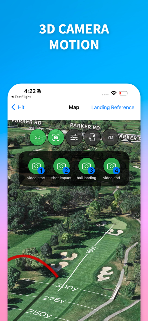 Interface de l'application Shot Tracer Map présentant les paramètres de mouvement de caméra 3D et la trajectoire de la balle sur une carte de parcours de golf satellite