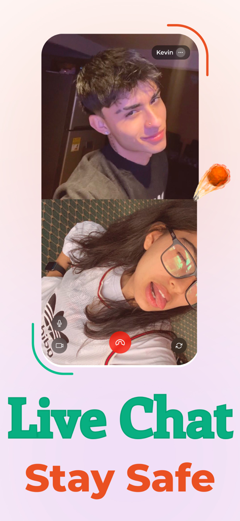 Split screen interface of the OMG Video Chat app showing a secure live video call between two young adults with the text Live Chat Stay Safe.