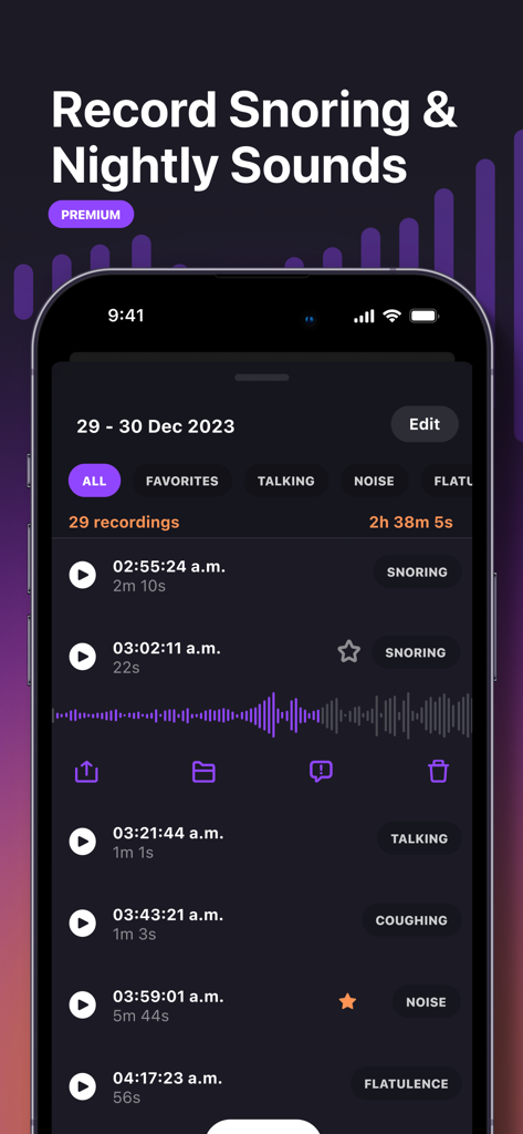 Pillow sleep tracker app screen showing a list of recorded sounds including snoring and talking.