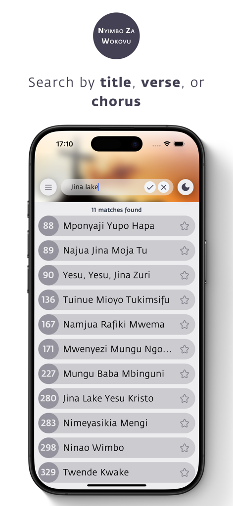 Nyimbo za Wokovu (MPYA) - Search results for Swahili hymns in the Nyimbo za Wokovu app.