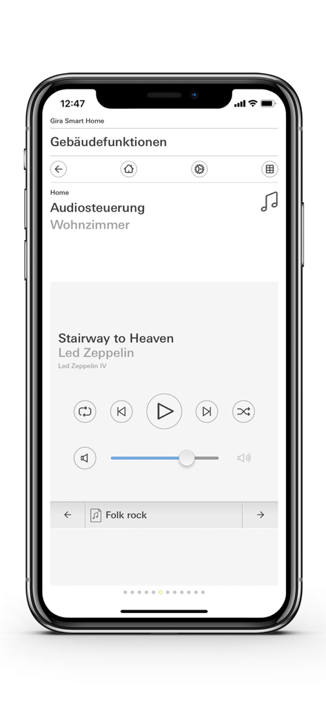 Gira Smart Home - Gira Smart Home app interface showing music playback controls for the living room