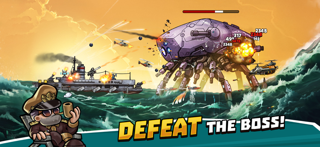 High Seas Hero - A massive naval warship fighting a giant mechanical spider boss in a sea battle