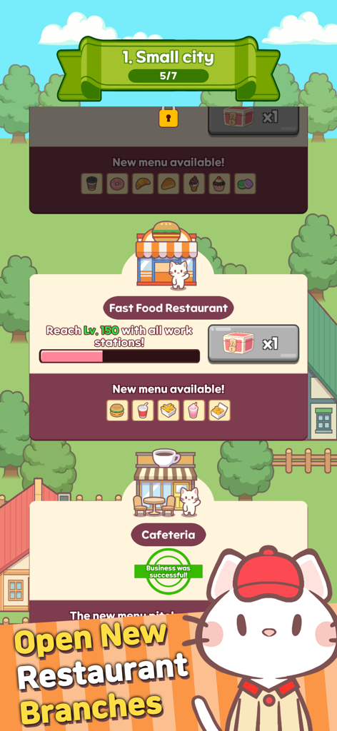 Meow Meow Cafe: Idle food Bar - A game screen from Meow Meow Cafe showing options to open new restaurant branches like a fast food joint and cafeteria with cute cat characters.