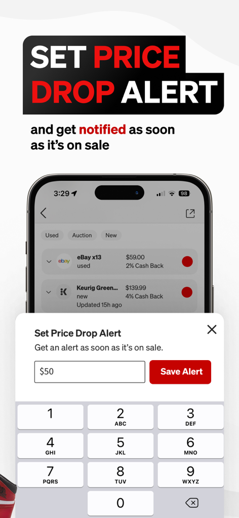 Smartphone screen showing how to set a price drop alert on the Price.com app to get notified when items go on sale.