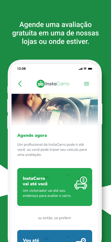 InstaCarro: Venda de Carros - InstaCarro app interface for scheduling a free car evaluation at home or in-store