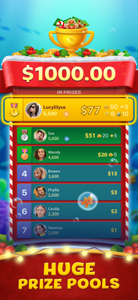 Tabla de clasificación en Bingo Clash que muestra las clasificaciones de los jugadores y premios en efectivo reales con temática navideña