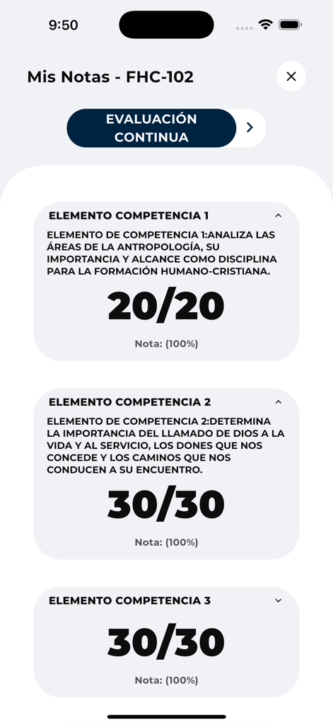 Interfaccia dell'app mobile che mostra i voti accademici dello studente e i punteggi di competenza.