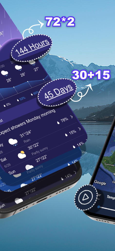 Weather app screen displaying extended hourly and daily forecasts with a radar map