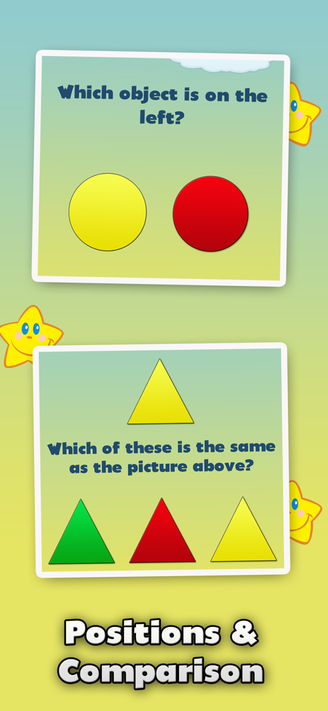 Math Joy - Kids Learning Games - A screenshot from the Math Joy app showing math exercises for kids focusing on positions and shape comparison.
