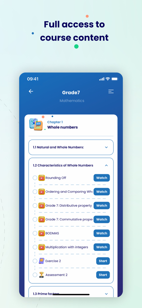 MathU Infinity app interface displaying Grade 7 mathematics course content with video lessons and assessment modules
