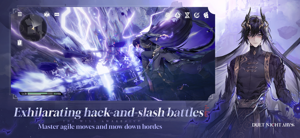 Duet Night Abyss - Una dinámica escena de combate hack and slash en 3D en Duet Night Abyss con efectos de relámpagos púrpuras y un personaje de anime
