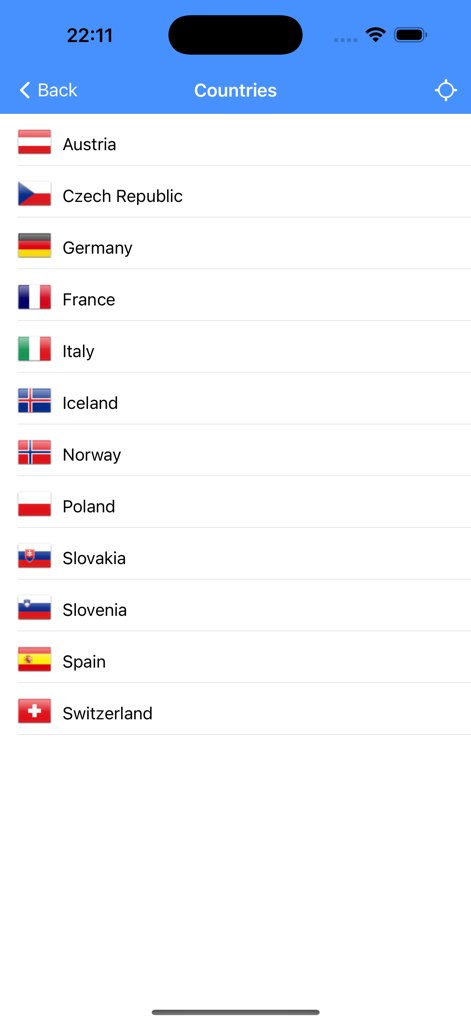 SnowSafe - Lawinen-App - A list of supported European countries for avalanche reports in the SnowSafe app