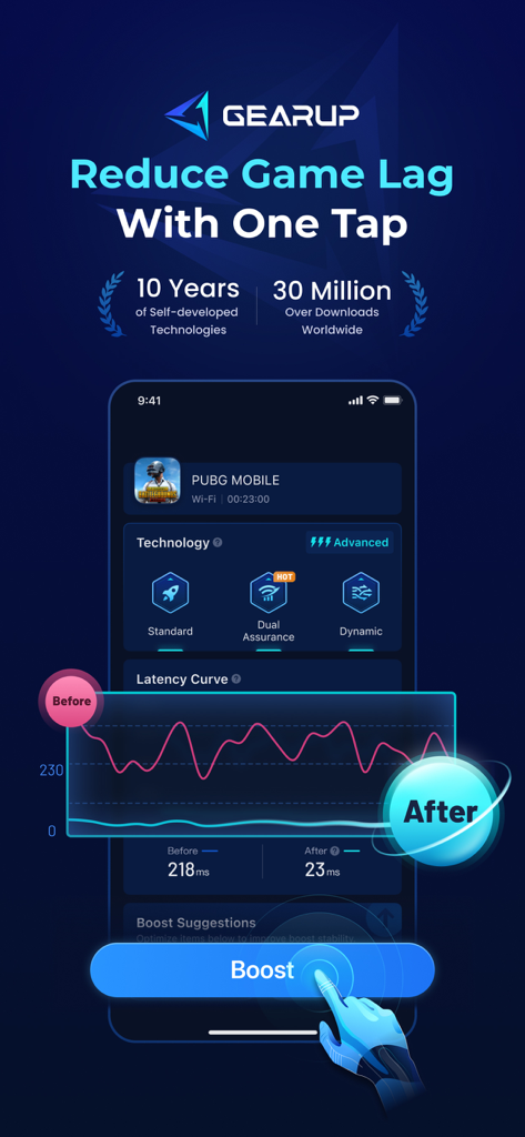 GearUP app interface showing a latency curve reduction from 218ms to 23ms for PUBG Mobile