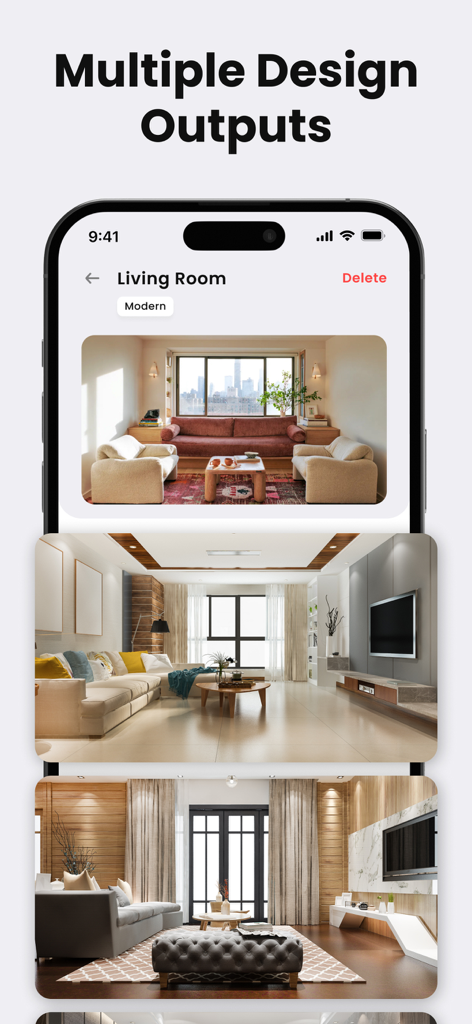 AI Interior Design - Interia - Tela de smartphone exibindo múltiplas ideias de design de sala de estar moderna geradas por IA