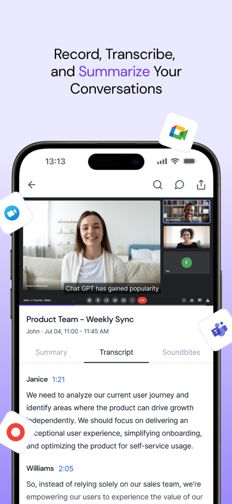 Fireflies: AI notetaker - Smartphone displaying the Fireflies AI Notetaker app interface with a video meeting and its live transcript