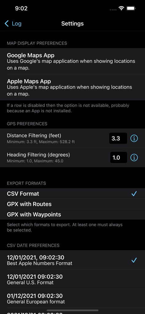 Log GPS - Einstellungsmenü der Log GPS App mit Anzeigeoptionen für Kartenansicht, GPS-Filteroptionen und Datenausgabeformate