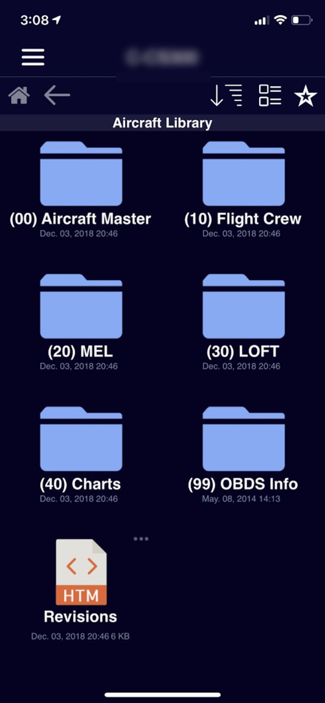 Aviation Docs app interface displaying aircraft library folders including charts and flight crew manuals