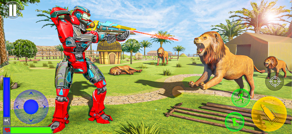 Robot Car Transform Wars Games - A red mech robot firing a laser weapon at attacking lions in a safari village environment