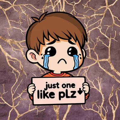 realistic crying boy with a sign saying just one like plz